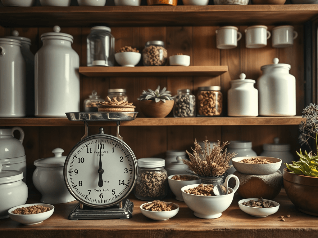 Old apothecary shelves with scales and ceramic jars of dried herbs